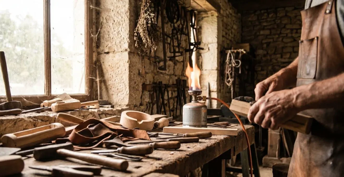 Vue intérieure d'un atelier artisanal rural avec un brûleur à gaz propane allumé et des outils de métier posés sur un établi en bois