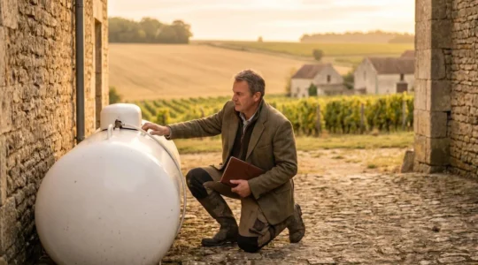 Dirigeant d'une PME rurale en combinaison de travail inspecte une citerne de gaz propane dans une cour de ferme au lever du soleil